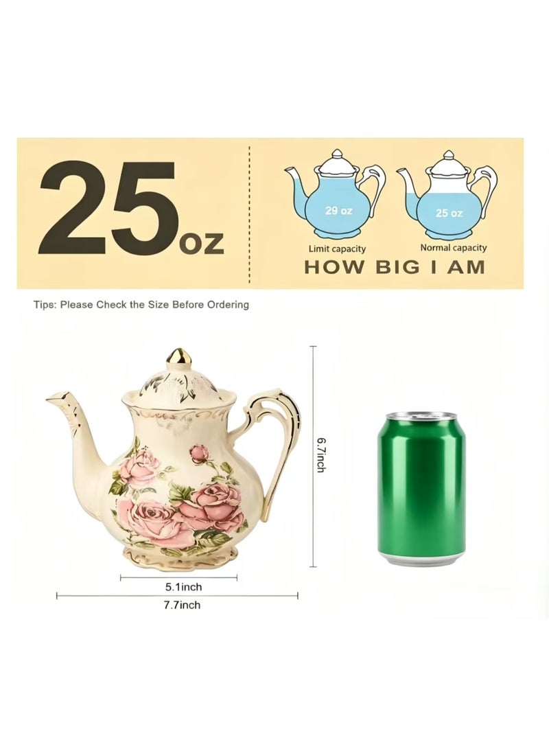Pink Rose Ceramic Teapot, Ivory Vintage Teapot with Gold Floral Trim, 1200ml Capacity for 5 Cups, Ideal Gift for Women - Image 3