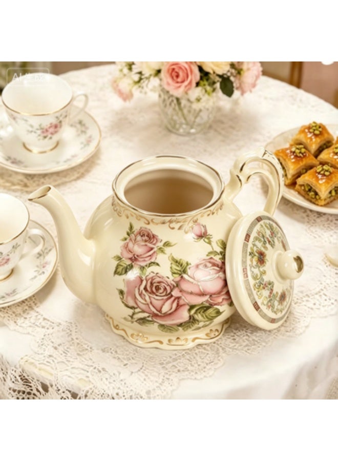 Pink Rose Ceramic Teapot, Ivory Vintage Teapot with Gold Floral Trim, 1200ml Capacity for 5 Cups, Ideal Gift for Women - Image 5