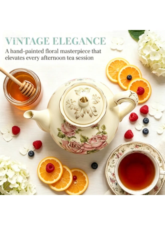 Pink Rose Ceramic Teapot, Ivory Vintage Teapot with Gold Floral Trim, 1200ml Capacity for 5 Cups, Ideal Gift for Women - Image 4
