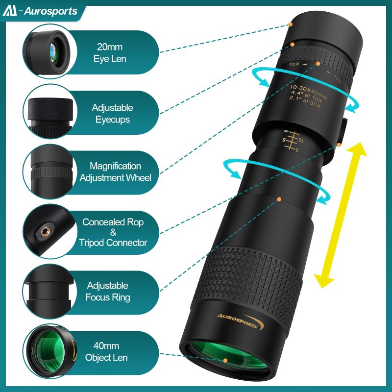 Aurosports Aurosports 10-30x40 Zoom Monocular for Adults, Monocular Telescope High Power with Bak4 Prism, Compact Monoculars for Bird Watching Traveling Hunting Camping  - Image 2