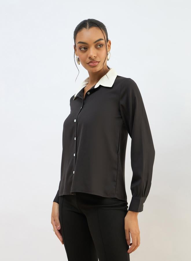 ساسافراس قميص ساسافراس بياقة متباينة أسود بقصة عادية بأزرار - Image 3