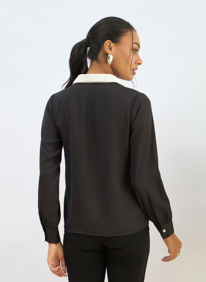 ساسافراس قميص ساسافراس بياقة متباينة أسود بقصة عادية بأزرار - Image 5