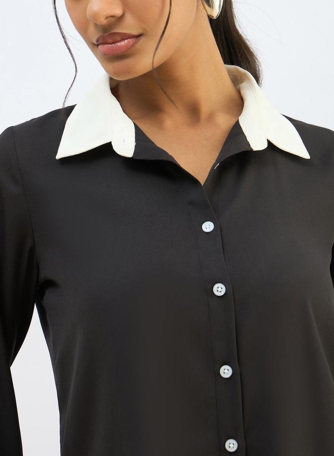 ساسافراس قميص ساسافراس بياقة متباينة أسود بقصة عادية بأزرار - Image 4