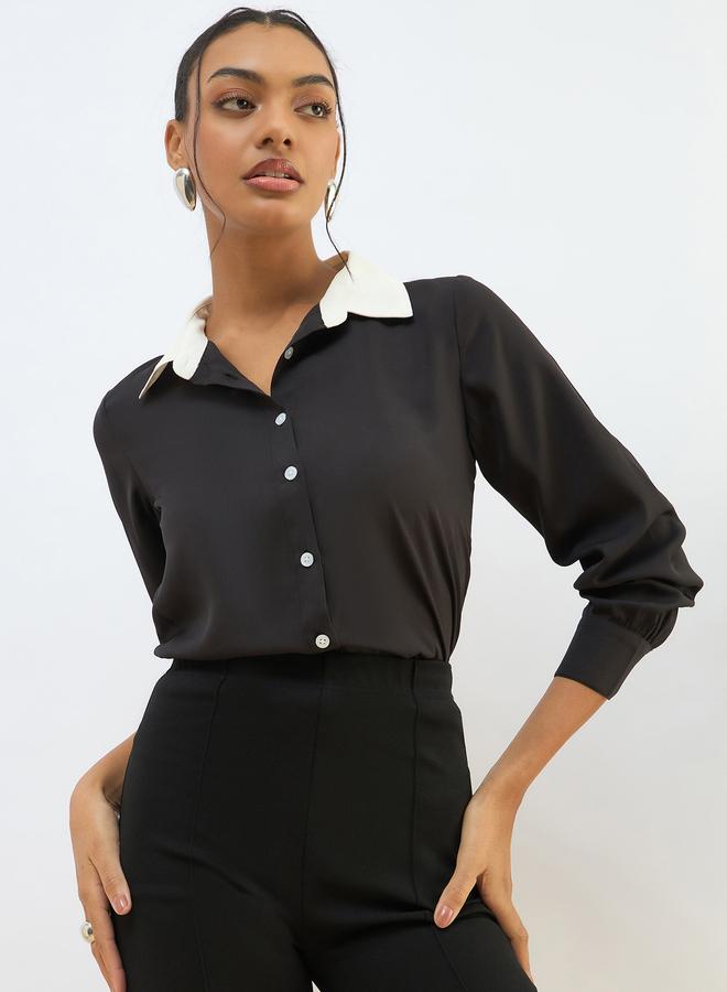 ساسافراس قميص ساسافراس بياقة متباينة أسود بقصة عادية بأزرار - Image 1