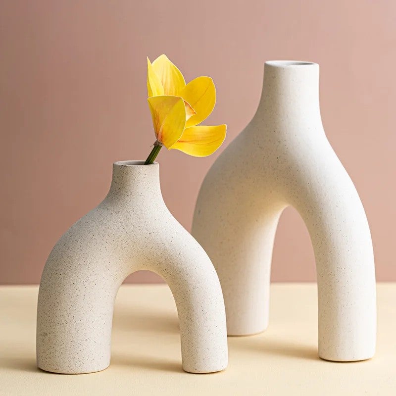 Y&D Small Vintage Nordic Ceramic Vase - Modern Minimalist Style with Faux Plant Accents for Home Tabletop Decor - Image 3