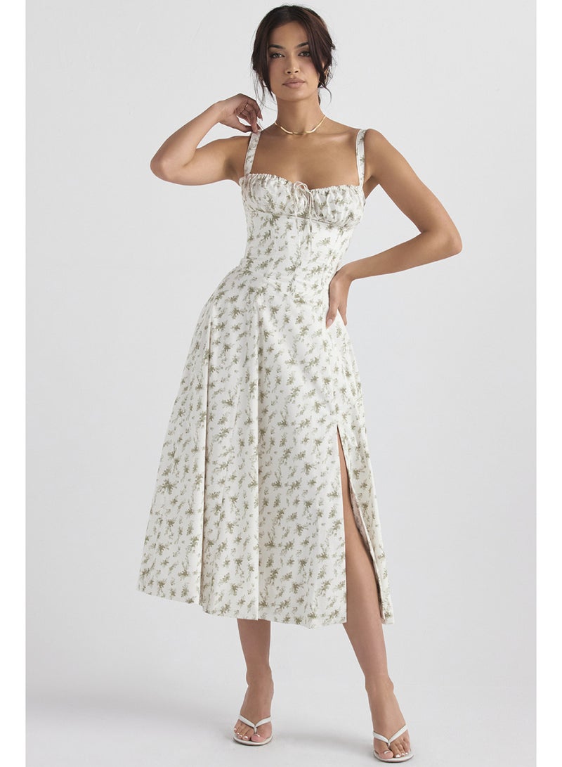 SCACTO Floral Print Bustier Top Lace Up Split Midi Dress 