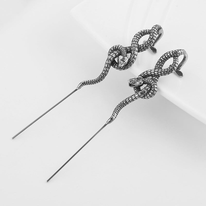 HZMAN Vintage Goth Earrings for Women Stainless Steel Snake Long Perforated Stud Earrings Gift - Image 4
