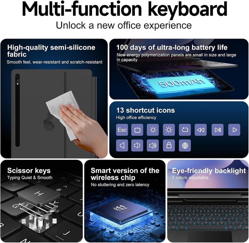 آرترابيت 【العربية والإن��ليزية】لوحة المفاتيح السحرية لجهاز Samsung Galaxy Tab S10 FE+ Plus 2025 مقاس 13.1 بوصة، حقيبة لوحة مفاتيح S10 FE+ مع حامل مغناطيسي، لوحة لمس متعددة اللمس، إضاءة خلفية بـ 7 ألوان، دعم القلم، أسود - Image 5