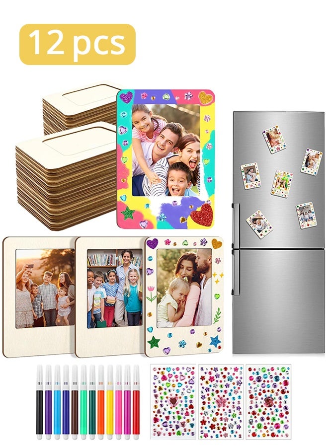 12 Pack Magnetic Wooden Picture Frames for Crafts, Mini Unfinished Wooden Photo Frames with Pencils u0026 Stickers, DIY Crafts Magnetic Frames for Refrigerator Decor - Image 1