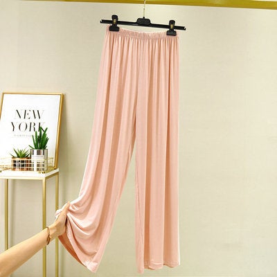 2020 Summer thin modal outerwear wholesale long sleeve home large size loose contrast color white edge V-neck long sleeve T-shirt Pink Wide Leg Pants