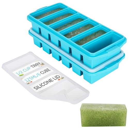 Xomoo 1/2 Cup Silicone Freezer Tray With Lid - Silicone Freezer Molds 2-Pack For meal prep & freezing of various sauces and other dishes, makes 12 perfect 1/2 cup portions cubes,oven and dishwasher safe - Image 1