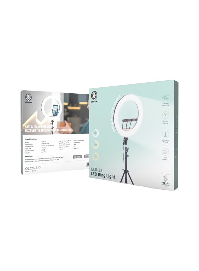 GREEN LION GLR-22 LED Ring Light with Remote Control, Stepless Dimming, 360° Rotation, Adjustable Tripod, 480 LED Lamp Beads, Endless Light Gear - Black - Image 2