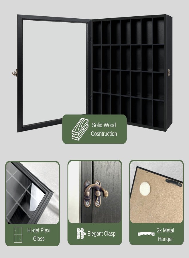 ILOT Shot Glass Display Cabinet Solid Wood - Large Display Case for Collectibles | Man Cave Accessories | UV Protection Acrylic Door | Wall Mounted Black Shadow Box | 28 Divided Slots (18 x 16 Black) - Image 4