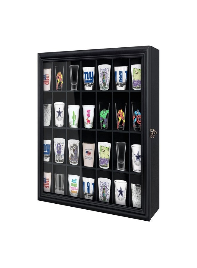 ILOT Shot Glass Display Cabinet Solid Wood - Large Display Case for Collectibles | Man Cave Accessories | UV Protection Acrylic Door | Wall Mounted Black Shadow Box | 28 Divided Slots (18 x 16 Black) - Image 1