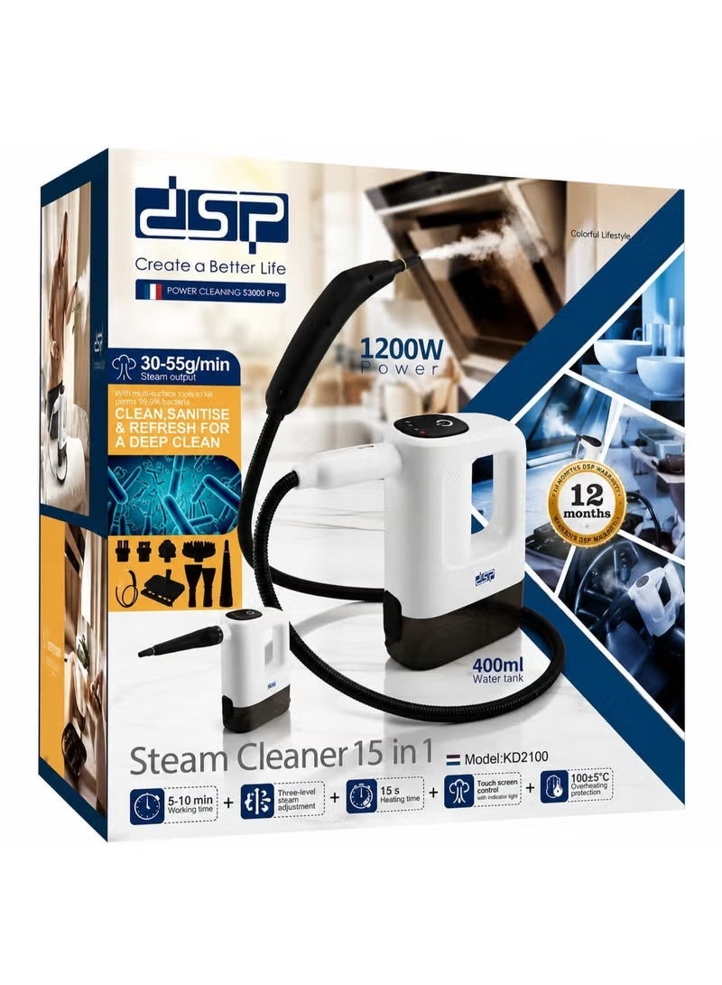DSP KD2100 15-in-1 Steam Cleaner 1200W, 3 Bar, 400ml Tank, 15s Fast Heating, 3 Steam Levels, Touch Control, Multi-Surface Accessories, White/Black - Image 3