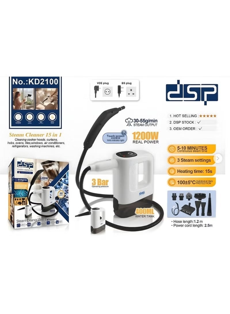 DSP KD2100 15-in-1 Steam Cleaner 1200W, 3 Bar, 400ml Tank, 15s Fast Heating, 3 Steam Levels, Touch Control, Multi-Surface Accessories, White/Black - Image 2