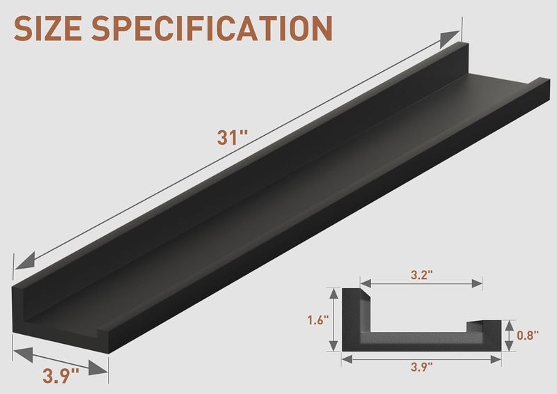 Craftsline Floating Shelves Wall Mounted Set of 2 31 Inch Black Photo Ledge Shelf Wood Picture Shelf for Bedroom Living Room Bathroom Kitchen - Image 2