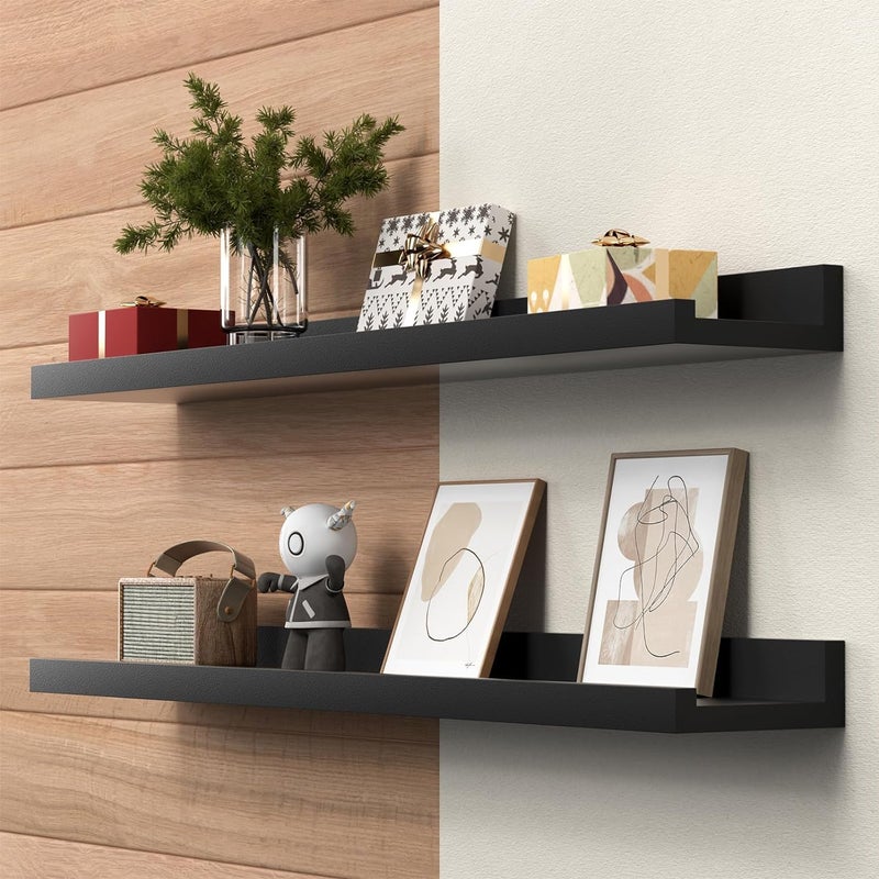 Craftsline Floating Shelves Wall Mounted Set of 2 31 Inch Black Photo Ledge Shelf Wood Picture Shelf for Bedroom Living Room Bathroom Kitchen - Image 1