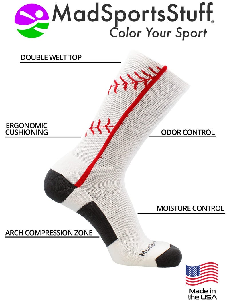 MadSportsStuff Baseball Socks with Stitches in Crew Length (White/Red, Large) - Image 3