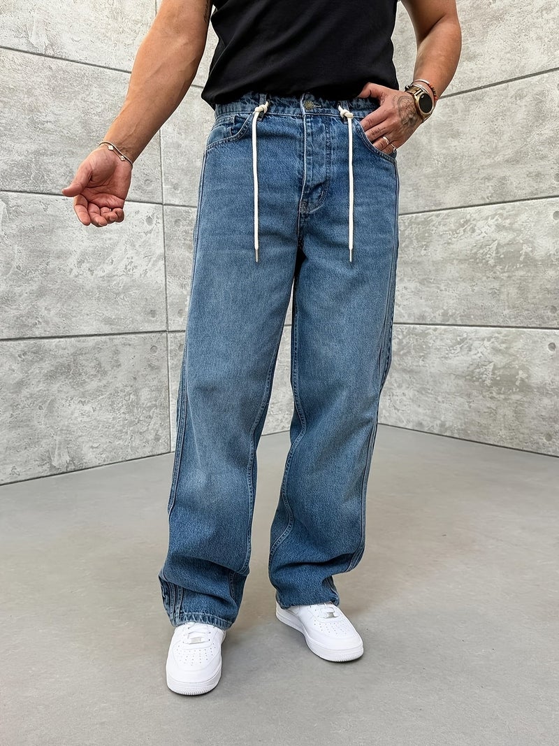 Side Lace Detail Loose Jeans Stone Wash Blue - Image 2