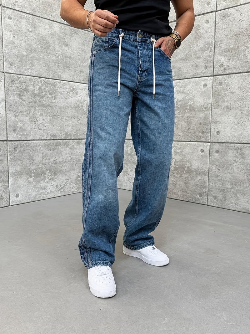Side Lace Detail Loose Jeans Stone Wash Blue - Image 3