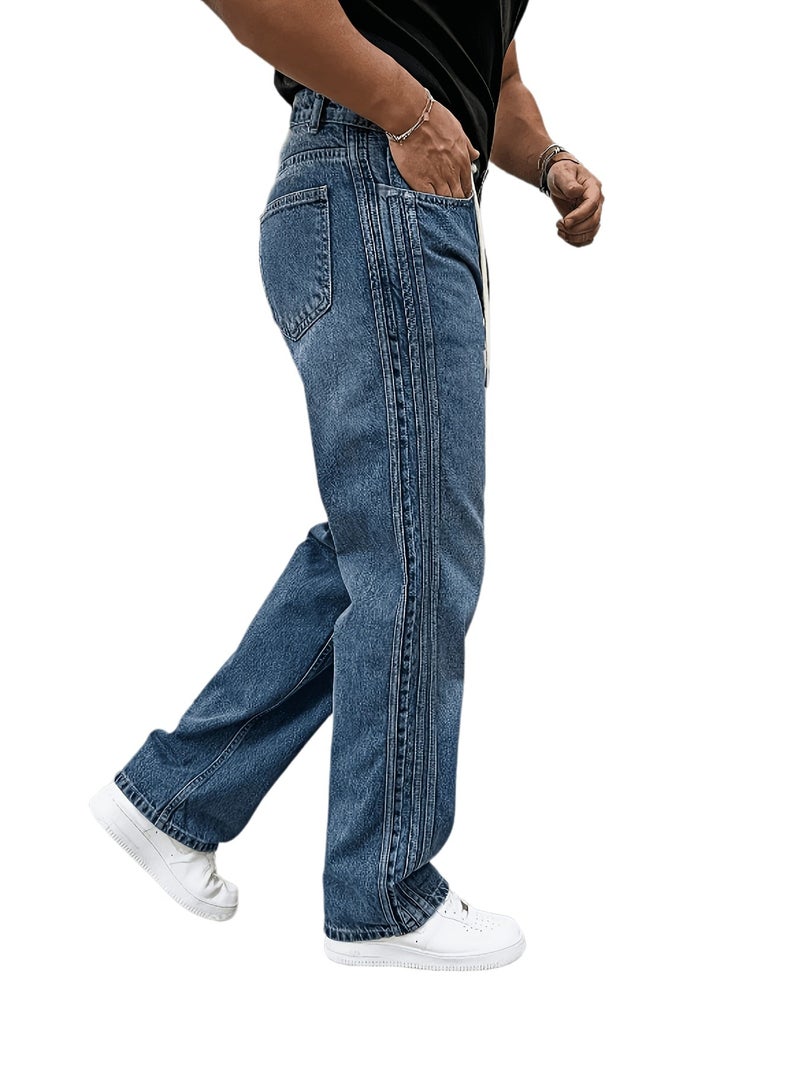 Side Lace Detail Loose Jeans Stone Wash Blue - Image 1