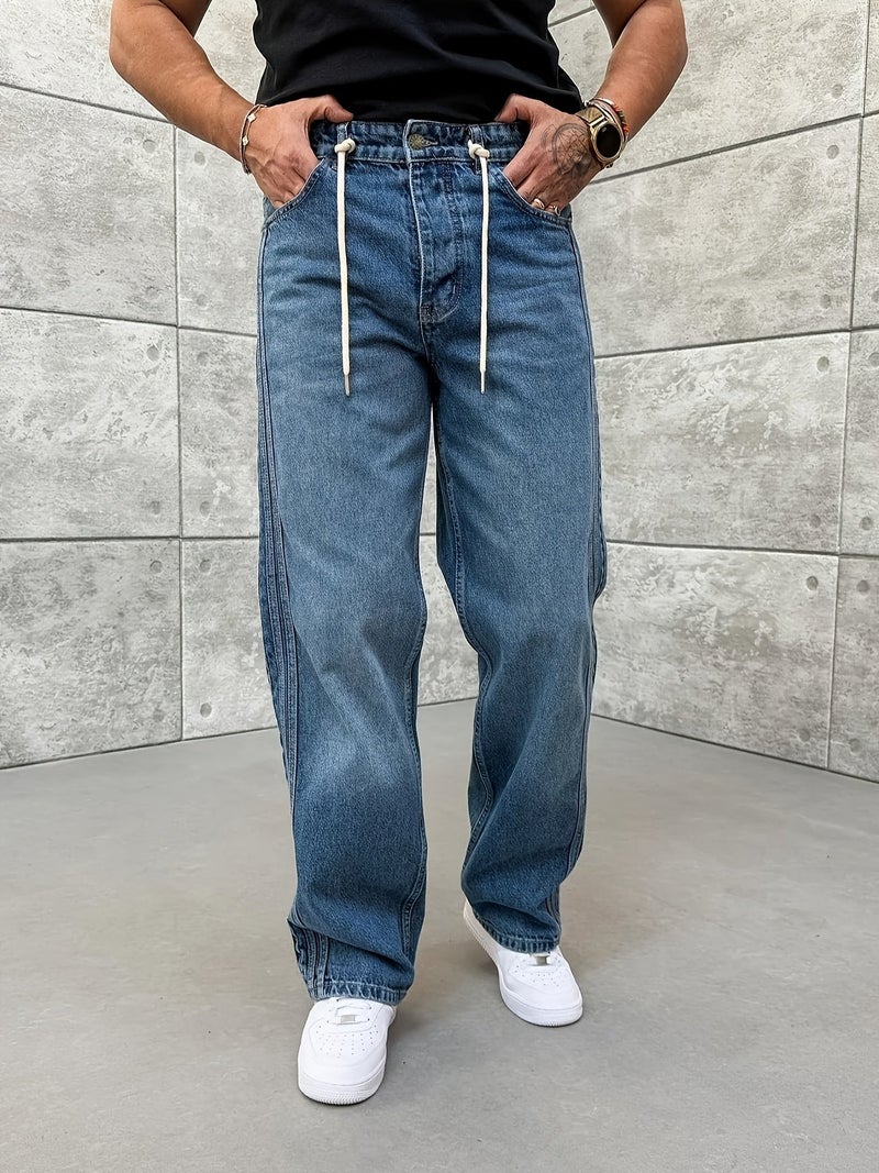 Side Lace Detail Loose Jeans Stone Wash Blue - Image 4