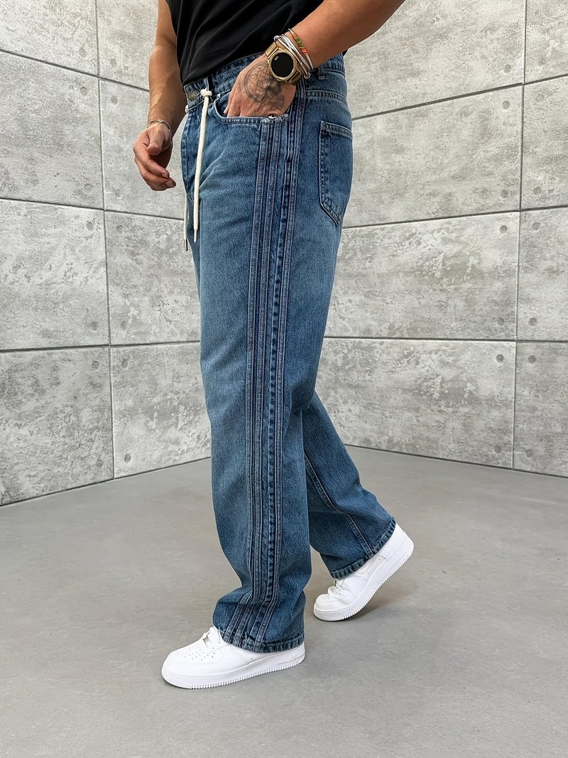 Side Lace Detail Loose Jeans Stone Wash Blue - Image 5
