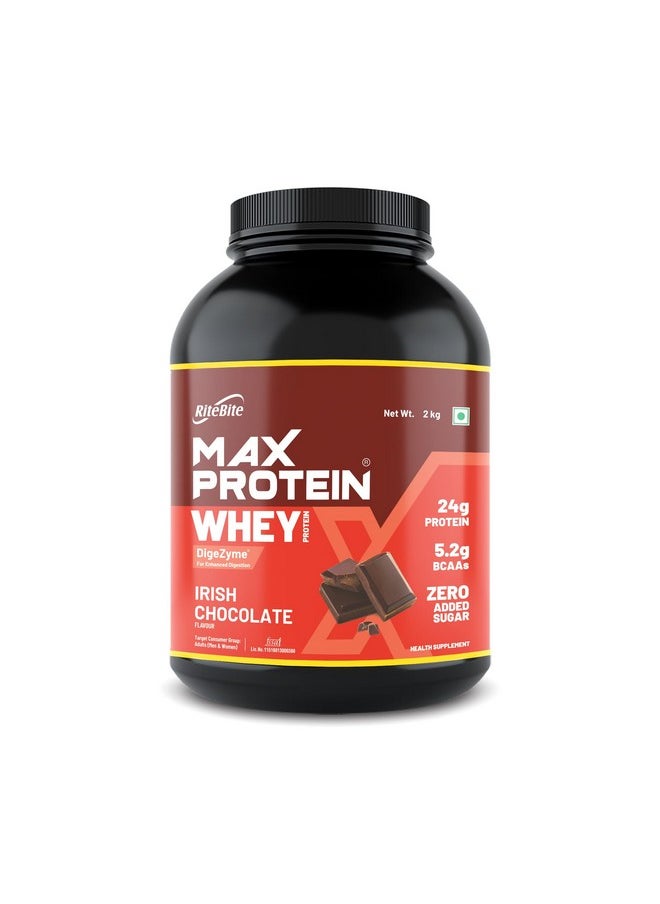 RiteBite Max Protein Whey Protein Irish Chocolate 2Kg| 60 Servings| Digezyme For Enhanced Digestion | 25G Protein | 5.2G Bcaas | Zero Added Sugar | For Adults (Men & Women) | High Protein| Gluten Free| 100% Vegetarian  - Image 1