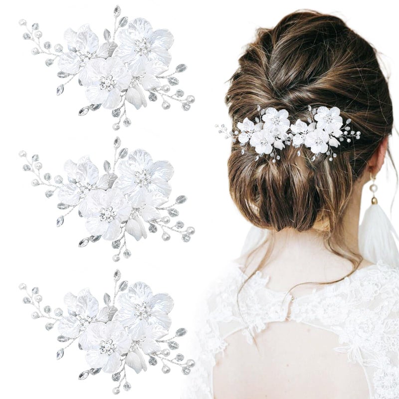 Heogacinlia 3 PCS Pearl Flower Wedding Hair Clip Rhinestone Bridal Hair Clips Bridal Crystal Hair Barrettes for Women Girls Wedding Party Floral Leaf Vine Headpiece Hair Accessories (Silver) - Image 1