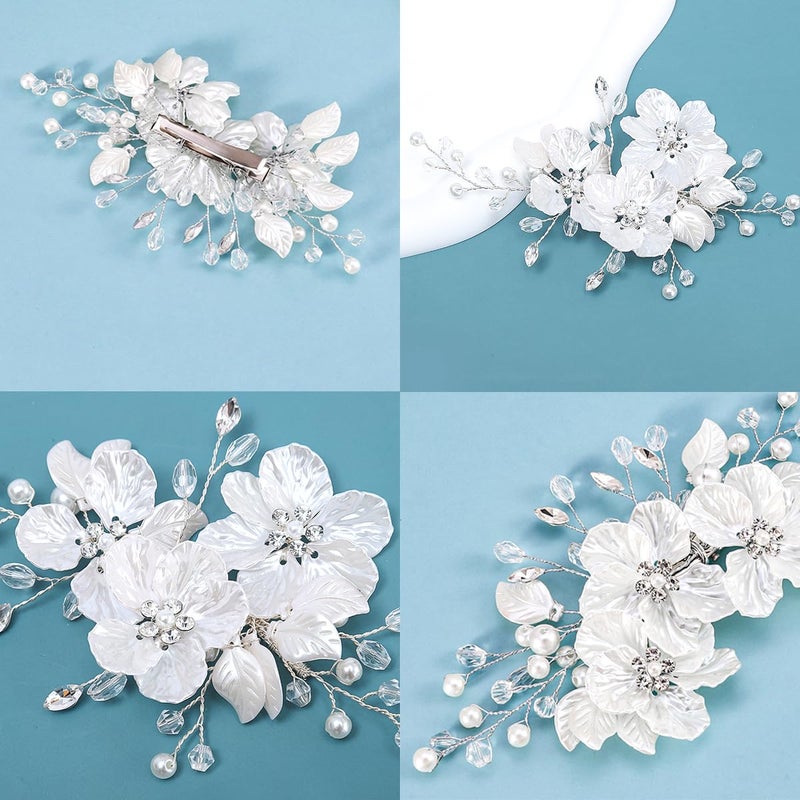 Heogacinlia 3 PCS Pearl Flower Wedding Hair Clip Rhinestone Bridal Hair Clips Bridal Crystal Hair Barrettes for Women Girls Wedding Party Floral Leaf Vine Headpiece Hair Accessories (Silver) - Image 3
