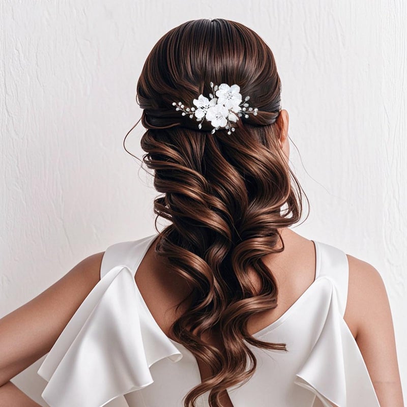 Heogacinlia 3 PCS Pearl Flower Wedding Hair Clip Rhinestone Bridal Hair Clips Bridal Crystal Hair Barrettes for Women Girls Wedding Party Floral Leaf Vine Headpiece Hair Accessories (Silver) - Image 4