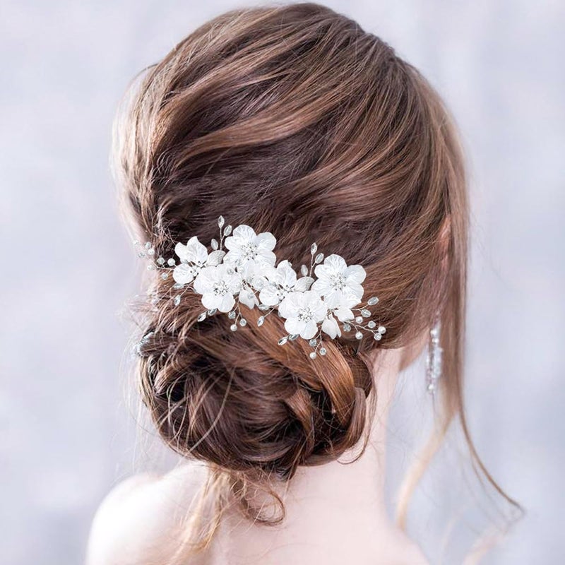 Heogacinlia 3 PCS Pearl Flower Wedding Hair Clip Rhinestone Bridal Hair Clips Bridal Crystal Hair Barrettes for Women Girls Wedding Party Floral Leaf Vine Headpiece Hair Accessories (Silver) - Image 5