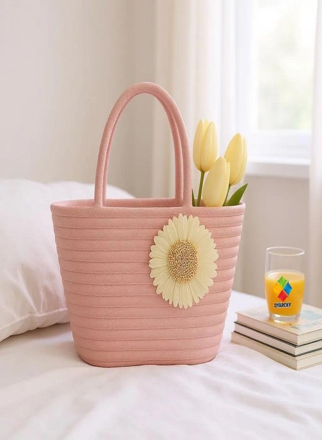 GHATIN Straw Beach Bag with Sunflower Design, Woven Rope Handle, Summer Tote Handbag (PINK) - Image 3