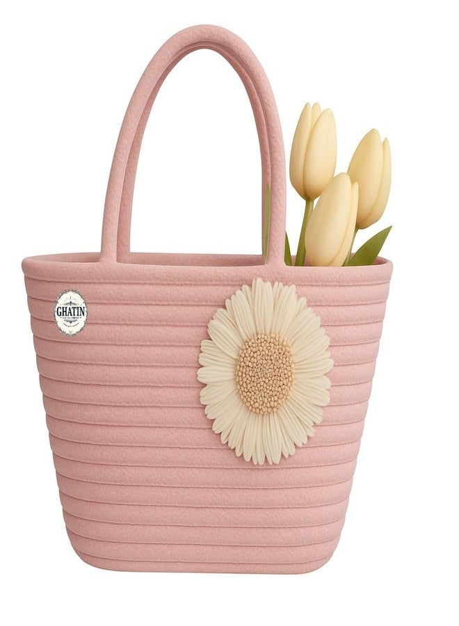 GHATIN Straw Beach Bag with Sunflower Design, Woven Rope Handle, Summer Tote Handbag (PINK) - Image 1