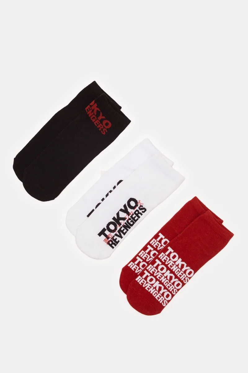 Redtag Senior Boys Assorted Printed Ankle Socks Set (3 Pairs)