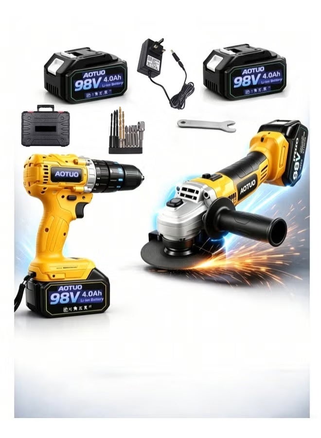 AOTUO Cordless Drill and Cordless Angle Grinder With 2 Batteries and Charger Brushless Electric Drill 2 Spee 25+3 Torque Setting Compact Drill Driver Kit for Home DIY Project - Image 1
