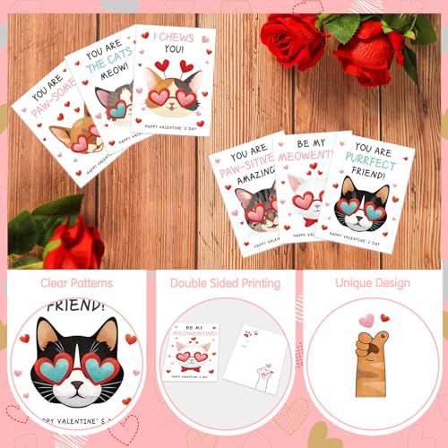 KALEFO 30 Pcs Cat Themed Valentines Day Cards Valentine's Day Greeting Blank Cards Cartoon Kitty Cats Exchange Party Favor - Image 4