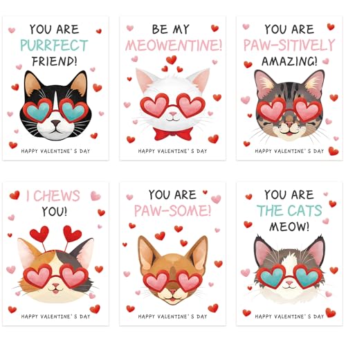 KALEFO 30 Pcs Cat Themed Valentines Day Cards Valentine's Day Greeting Blank Cards Cartoon Kitty Cats Exchange Party Favor - Image 1