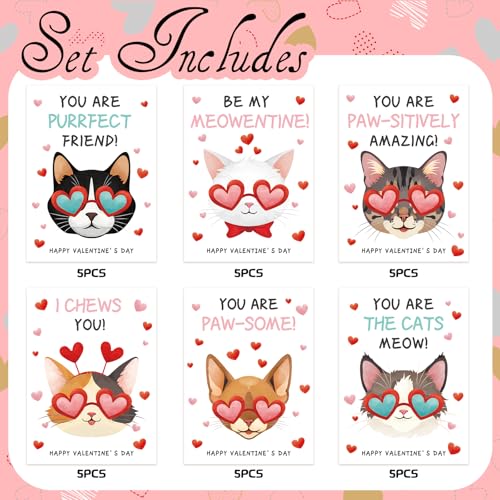 KALEFO 30 Pcs Cat Themed Valentines Day Cards Valentine's Day Greeting Blank Cards Cartoon Kitty Cats Exchange Party Favor - Image 3