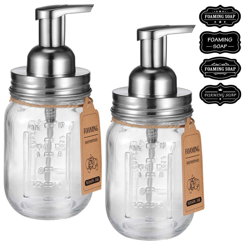 Amolliar Mason Jar Foaming Soap Dispenser Plastic Soap Pump Refillable Hand Soap Dispenser for Kitchen Cute Farmhouse Decor Dish Soap Shampoo Bathroom Soap Accessories Brushed Nickel 2 Pack