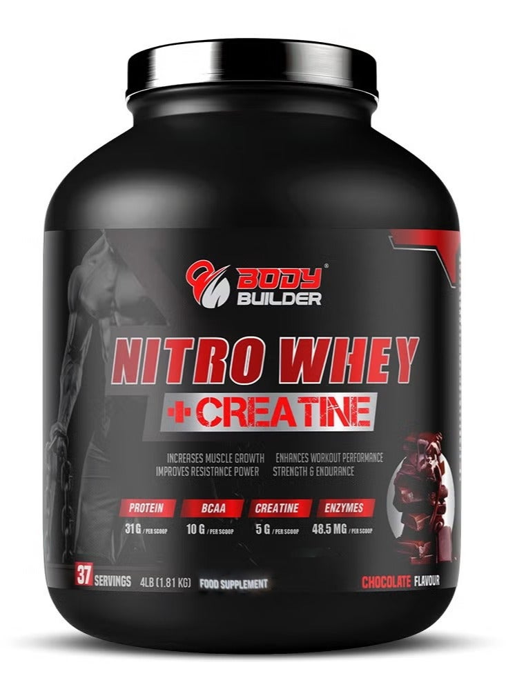 Body Builder Body Builder Nitro Whey Protein Plus Creatine, Contains Digestive Enzymes, Chocolate Flavor, 4 Lb - Image 1