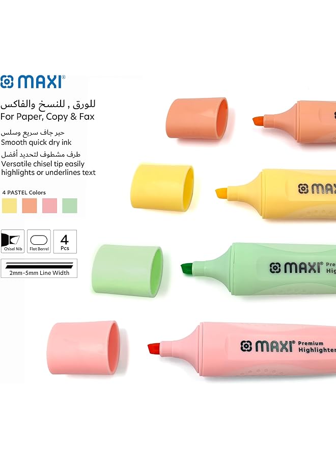 Maxi Premium Highlighter 4Pc Pastel Color Yellow Green Orange And Pink 2 Different Line Widths 2 And 5 Mm Durable Chisel Tip - Image 2