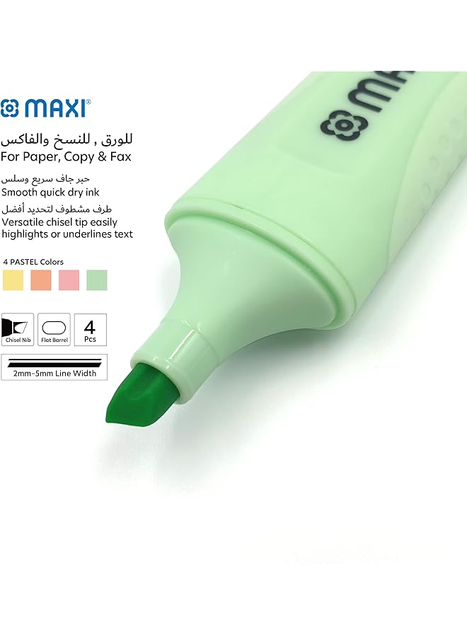 Maxi Premium Highlighter 4Pc Pastel Color Yellow Green Orange And Pink 2 Different Line Widths 2 And 5 Mm Durable Chisel Tip - Image 3