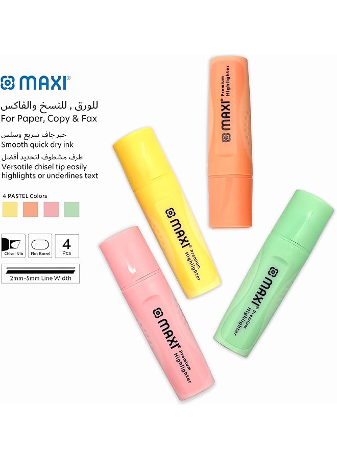 Maxi Premium Highlighter 4Pc Pastel Color Yellow Green Orange And Pink 2 Different Line Widths 2 And 5 Mm Durable Chisel Tip - Image 5