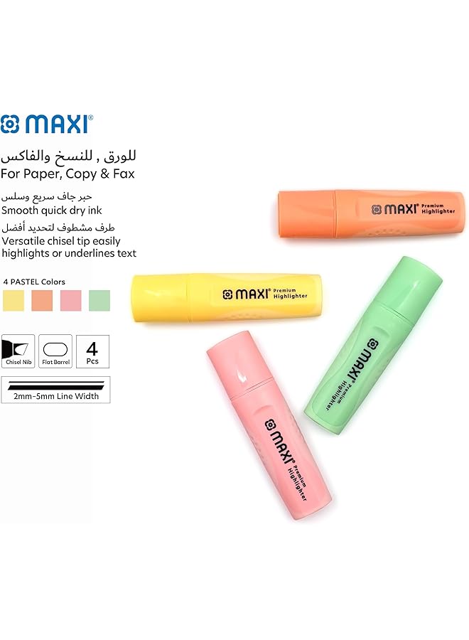 Maxi Premium Highlighter 4Pc Pastel Color Yellow Green Orange And Pink 2 Different Line Widths 2 And 5 Mm Durable Chisel Tip - Image 4