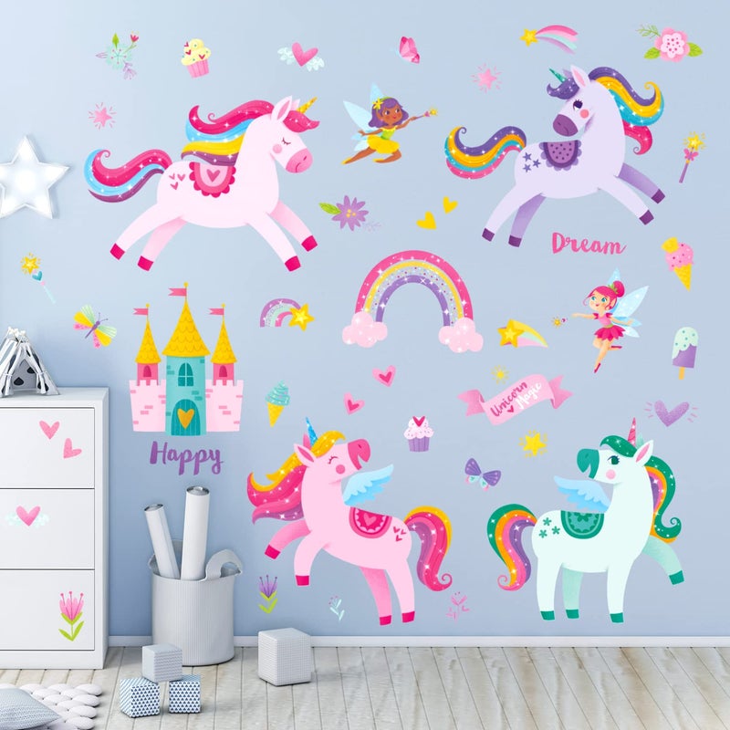DECOWALL DS9-2119 Colorful Unicorn Wall Stickers Fairy Rainbow Kids Quote Decals Removable for Girls Nursery Bedroom Living Room Art Home Decor Decorations - Image 1