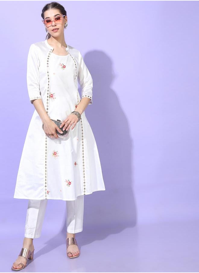 Vishudh Women White Embroidered Kurta Set with Trousers by Styli  - Image 2