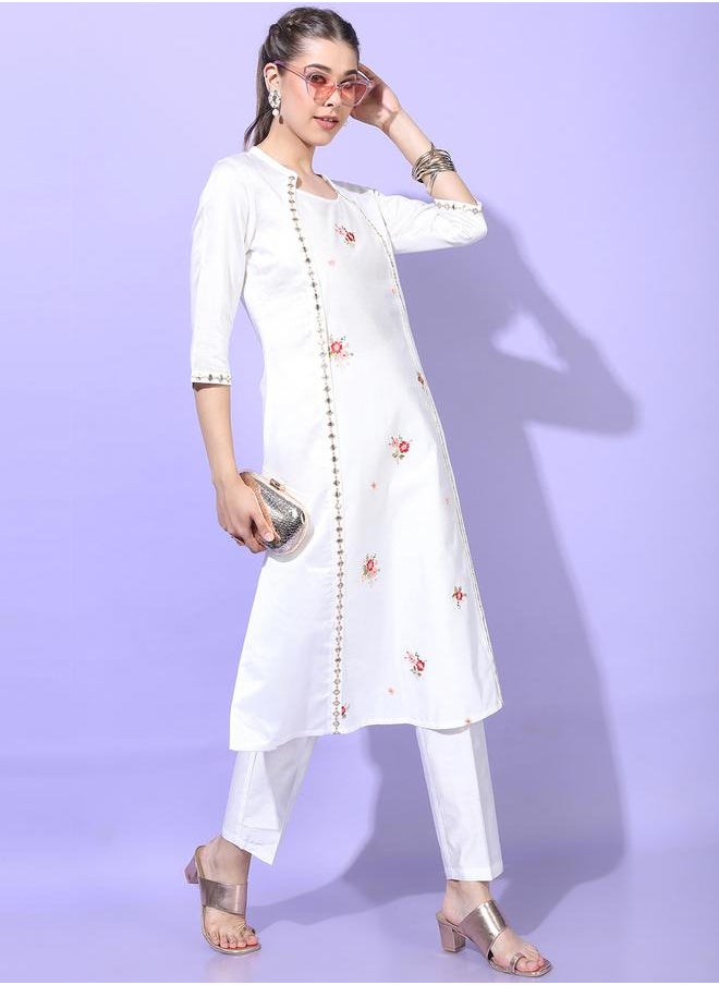 Vishudh Women White Embroidered Kurta Set with Trousers by Styli  - Image 5