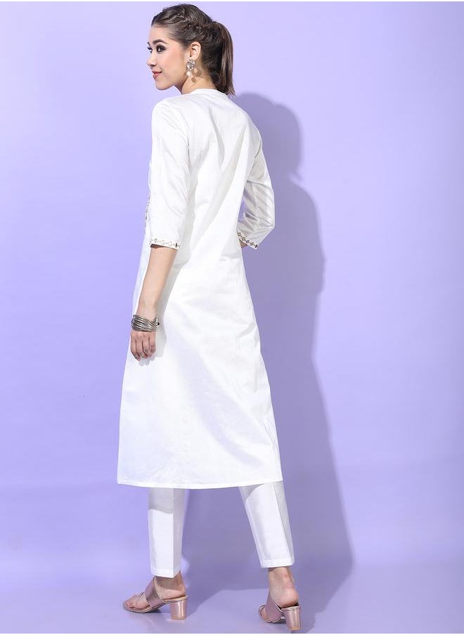 Vishudh Women White Embroidered Kurta Set with Trousers by Styli  - Image 3